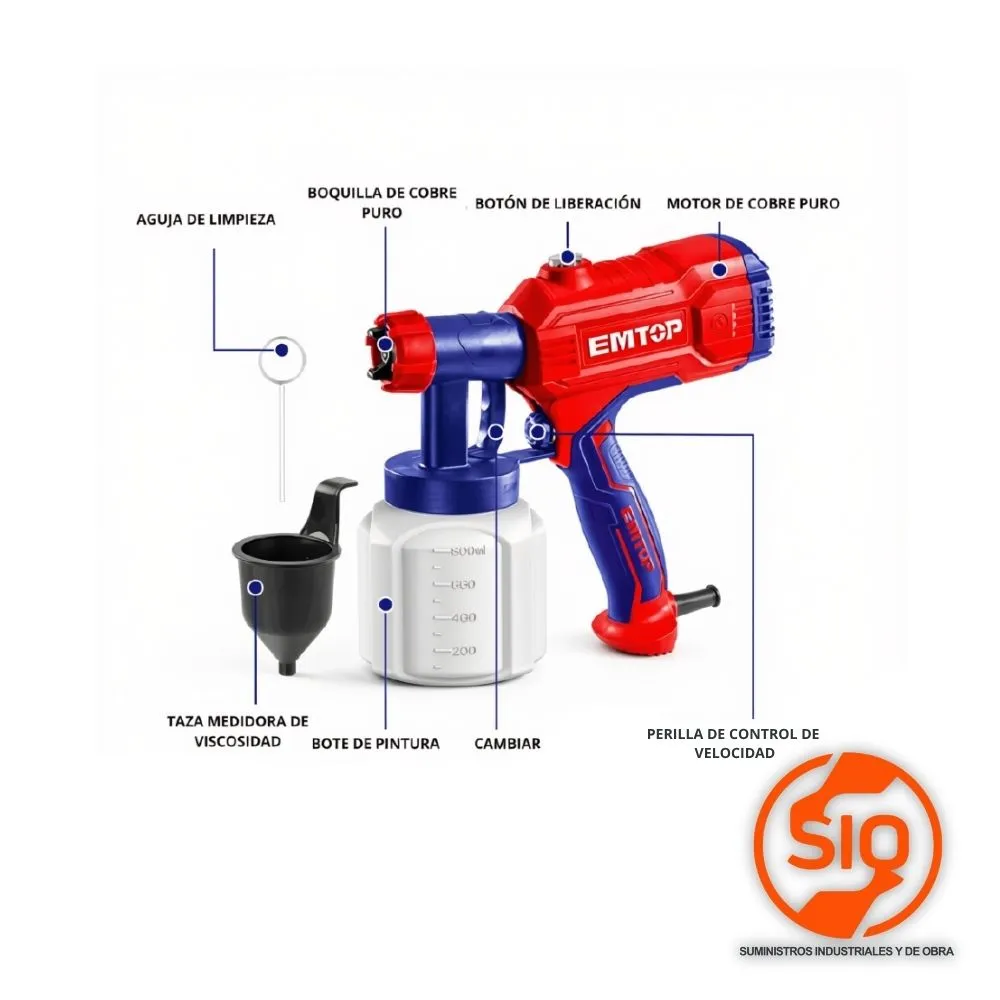 EMTOP PISTOLA ELECTRICA PARA PINTURA 450W 800ML BOQUILLA 2.5MM ULSGN35001
