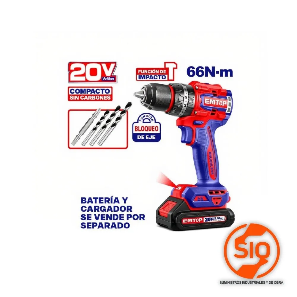 EMTOP TALADRO INALAMBRICO 20V BRUSHLESS 1/2 66NM (SOLO HERRAMIENTA) ECIDL206681