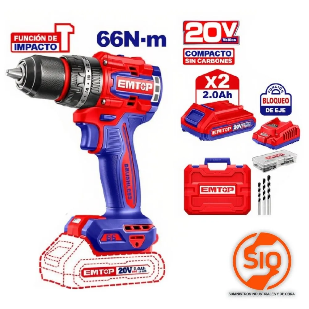 [ULCIDL20668] EMTOP TALADRO INALAMBRICO 20V BRUSHLESS 1/2 66NM BATERIA Y CARGADOR ULCIDL20668